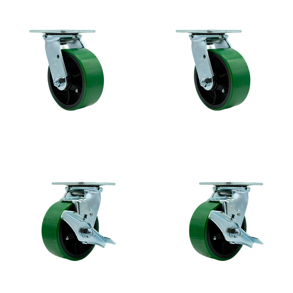 SCC-30CS520-PUR-GB-BSL-2-TLB-2 Polyurethane on Cast Iron Swivel Top Plate Casters, Heavy Duty with 5 in. Green Wheels - Set of 4