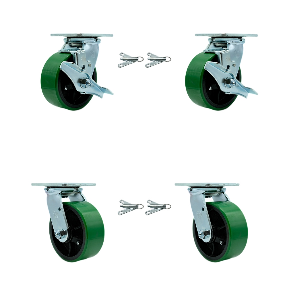 SCC-30CS520-PUR-GB-TLB-BSL-2-BSL-2 Poly on Cast Iron Swivel Top Plate Casters, Heavy Duty with 5 in. Green Wheels - Set of 4