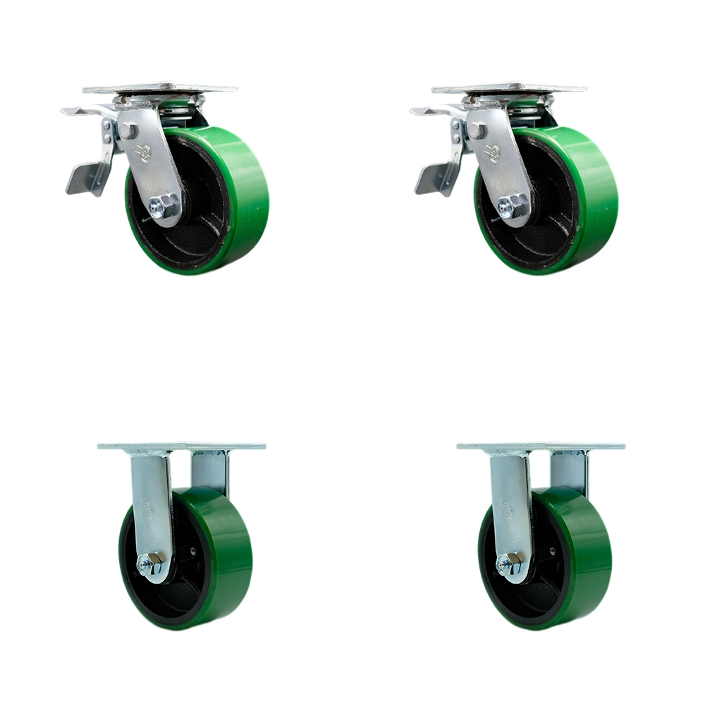 Polyurethane on Cast Iron Swivel Top Plate Casters, Heavy Duty with 5 in. Green Wheels - 4000 lbs Total Capacity - Set of 4