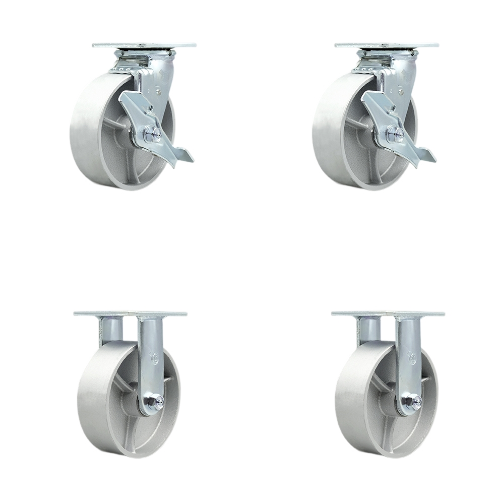 SCC-30CS620-SSR-TLB-BSL-2-R-2 Semi Steel Cast Iron Swivel Top Plate Casters, Heavy Duty with 6 in. Wheels - 4800 lbs Total Capacity - Set of 4