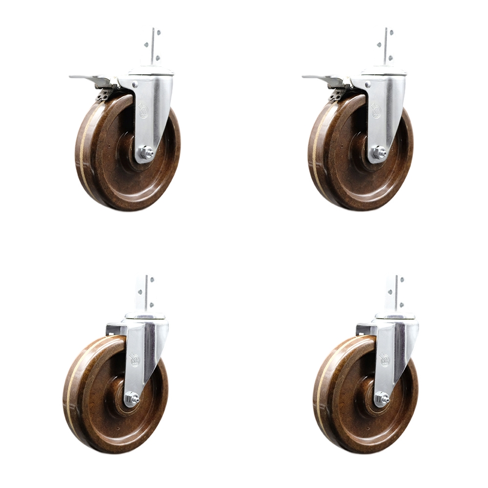 Swivel Square Stem Caster with 6 x 1.5 in. Brown High Temperature Phenolic Wheel & 3 0.26 in. Diameter Mounting Holes - Set of 4