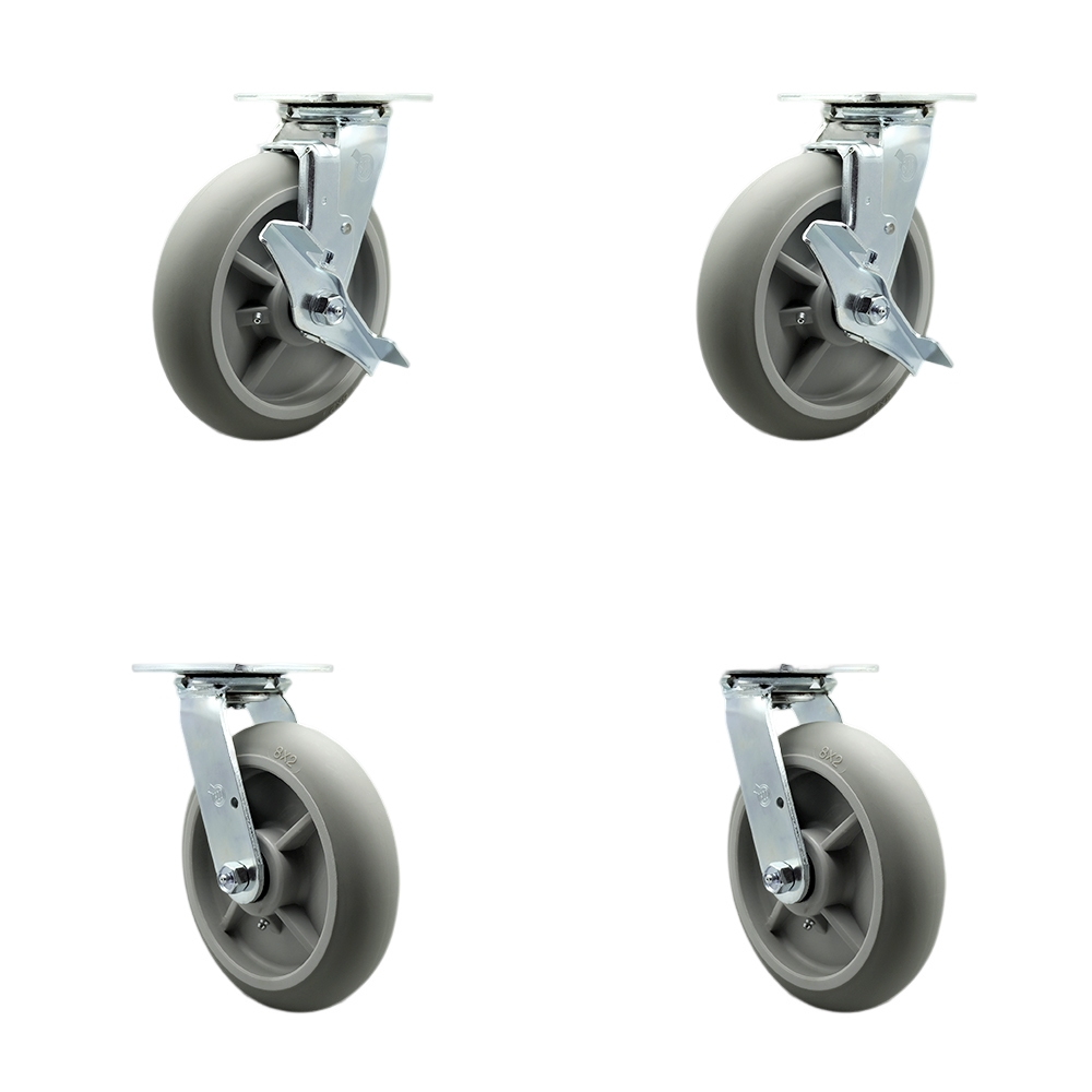SCC-SS30S820-TPRRD-TLB-BSL-2-BSL-2 Stainless Steel Thermoplastic Rubber Donut Tread Swivel Top Plate Caster Set Heavy Duty with 8 in. Wheel
