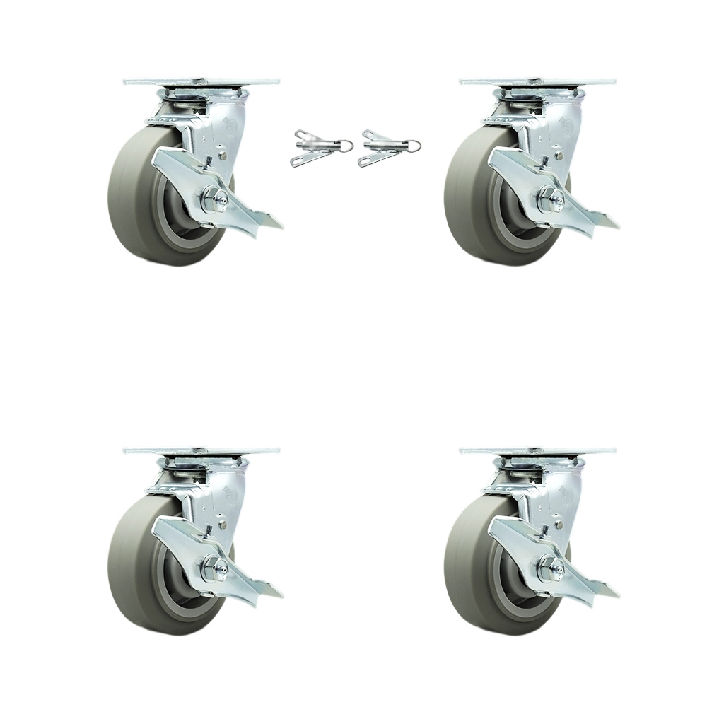 SCC-30CS520-TPRRF-TLB-BSL-2-TLB-2 Thermoplastic Rubber Flat Tread Swivel Top Plate Casters, Heavy Duty with 5 in. Wheels - Set of 4