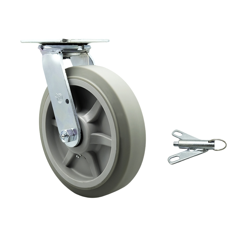 Thermoplastic Rubber Flat Tread Swivel Top Plate Heavy Duty Caster with 8 in. Wheel & Bolt on Swivel Lock - 600 lbs Capacity per Caster