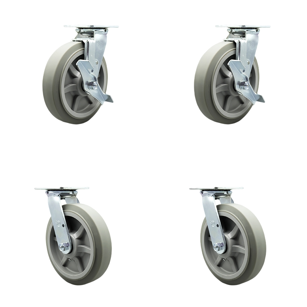SCC-30CS820-TPRRF-TLB-BSL-2-BSL-2 Thermoplastic Rubber Flat Tread Swivel Top Plate Casters, Heavy Duty with 8 in. Wheels - Set of 4