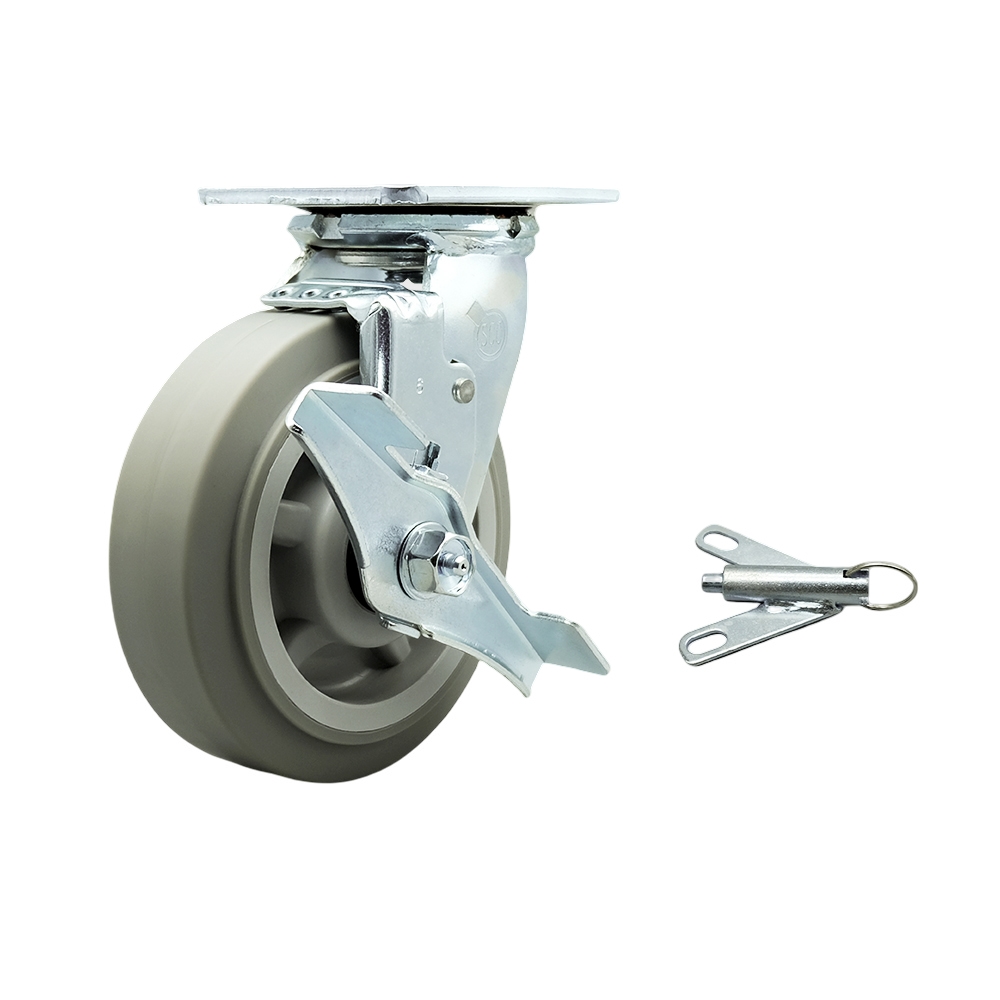 Stainless Steel Thermoplastic Rubber Flat Tread Swivel Top Plate Heavy Duty Caster with 6 in. Wheel & Top Lock Brake & Bolt on Swivel Lock