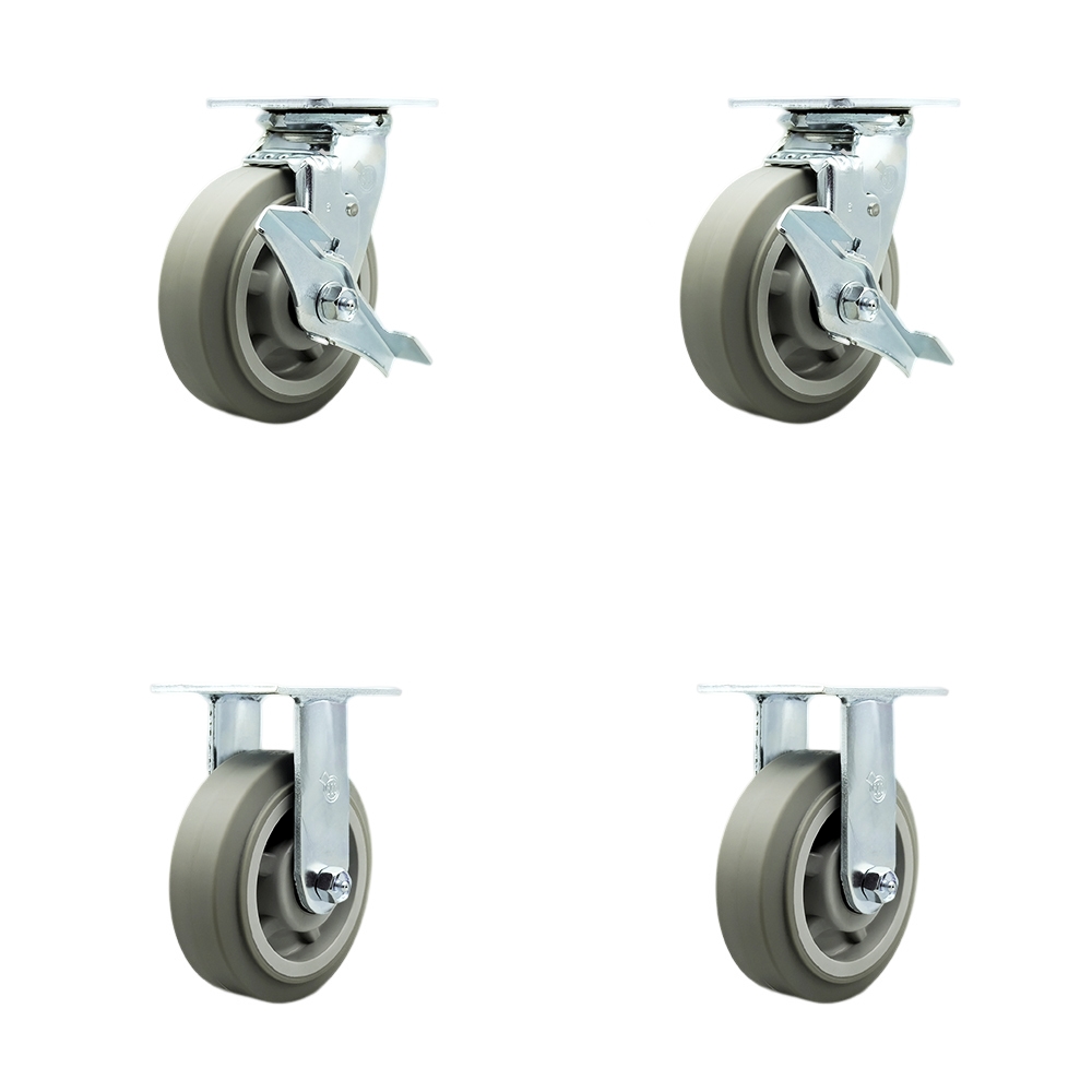 Stainless Steel Thermoplastic Rubber Flat Tread Swivel Top Plate Casters, Heavy Duty with 6 in. Wheels - Set of 4
