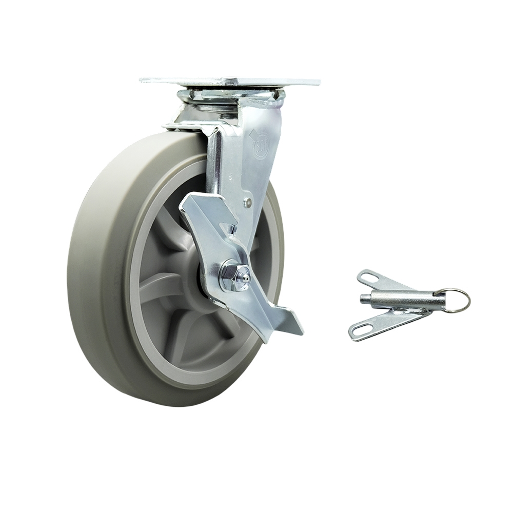 Stainless Steel Thermoplastic Rubber Flat Tread Swivel Top Plate Heavy Duty Caster with 8 in. Wheel & Top Lock Brake & Bolt on Swivel Lock