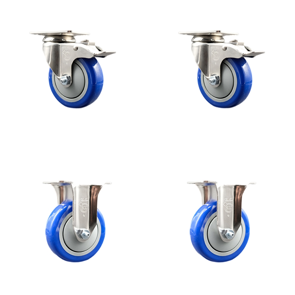 SCC-SS316TTL20S414-PPUB-BLUE-2-R-2 Polyurethane Swivel Top Plate Caster with 4 in. 316 Stainless Steel Blue Wheels - Set of 4