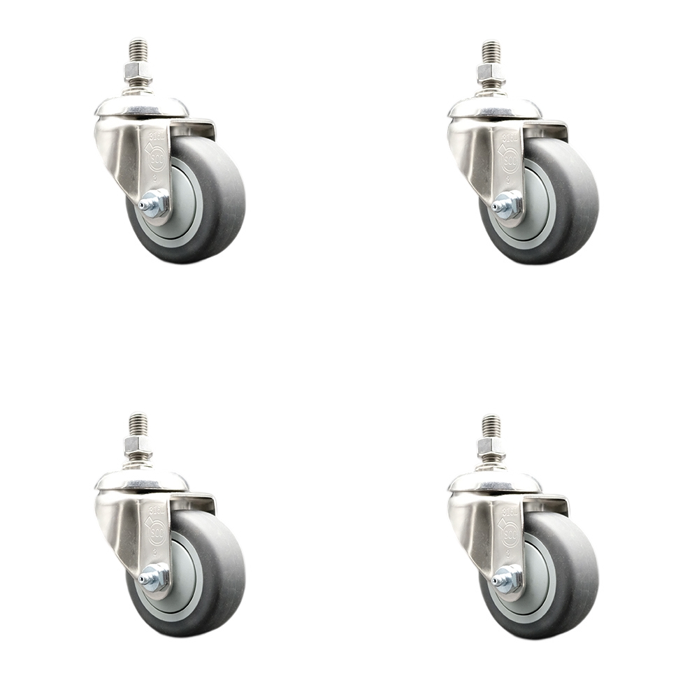Thermoplastic Rubber Swivel Stem Caster with 3 in. Caster Wheels - 0.37 in. Threaded Stems - 316 Stainless Steel Casters - Set of 4