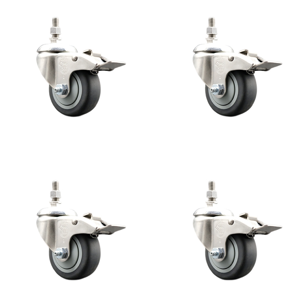 Thermoplastic Rubber Swivel Stem Caster with 3 in. Caster Wheels - 0.37 in. Threaded Stems - 316 Stainless Steel Casters - Set of 4