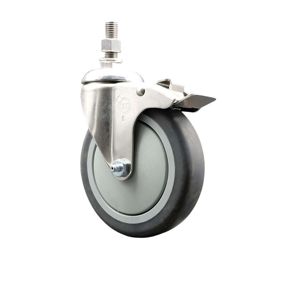 Thermoplastic Rubber Swivel Stem Caster with 5 in. Gray Caster Wheel & Total Lock Brake - 10 mm Metric Threaded Stem - 316 Stainless Steel Caster