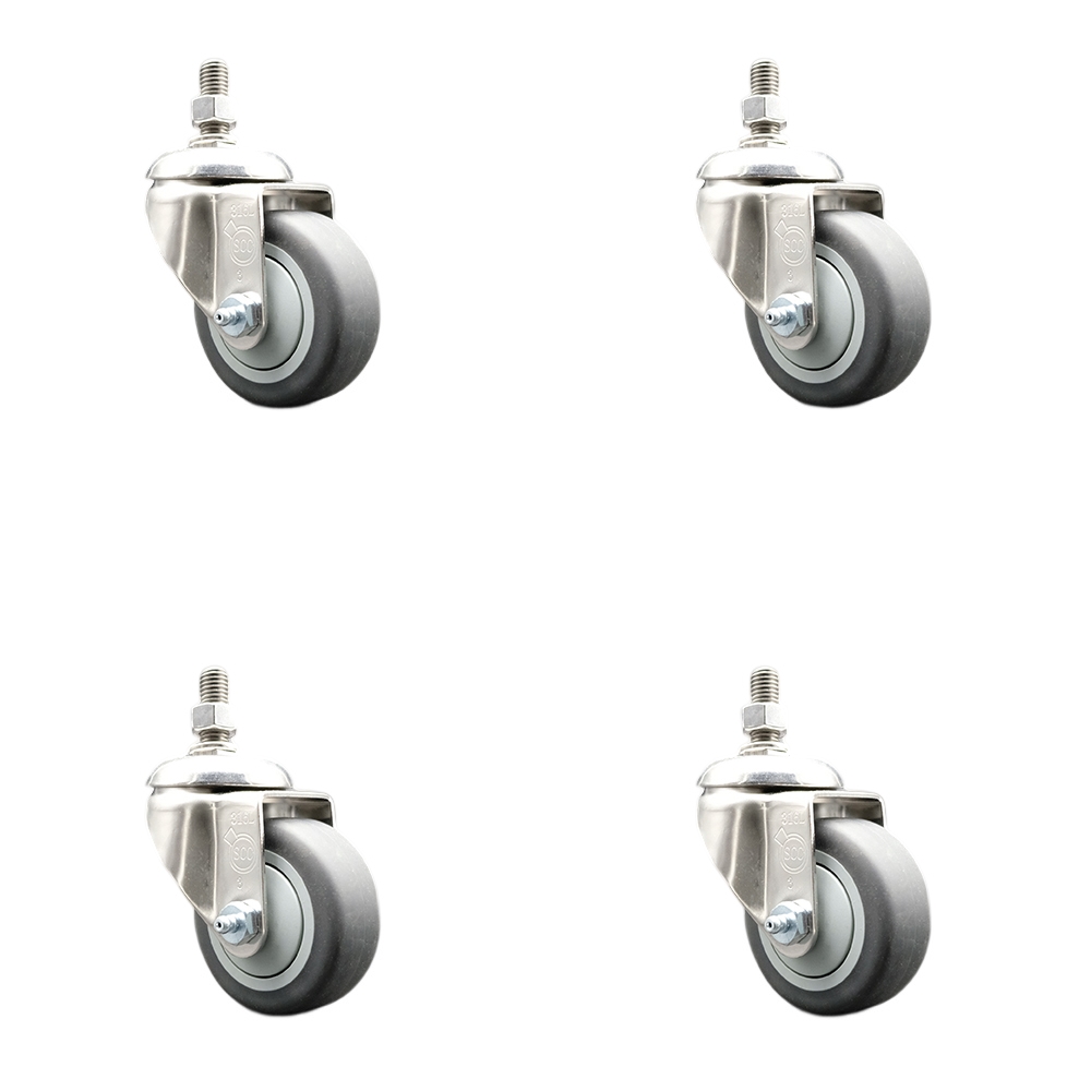 Thermoplastic Rubber Swivel Stem Caster with 3 in. Caster Wheels - 12 mm Metric Threaded Stems - 316 Stainless Steel Casters - Set of 4