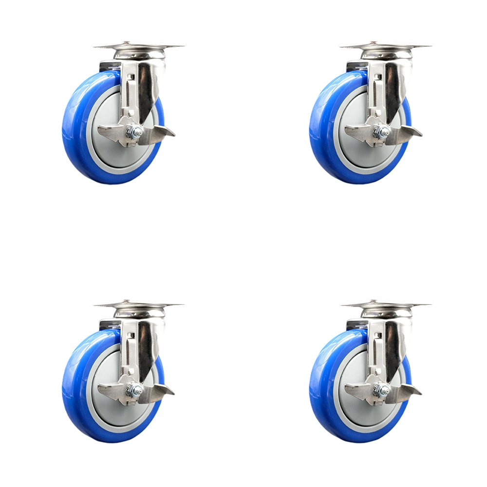 SCC-SS31620S514-PPUB-BLUE-TLB-4 Polyurethane Swivel Top Plate Caster with 5 in. 316 Stainless Steel Blue Wheels - Set of 4