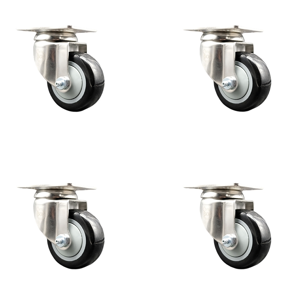 SCC-SS31620S314-PPUB-BLK-4 Polyurethane Swivel Top Plate Caster with 3 in. 316 Stainless Steel Black Wheels - Set of 4