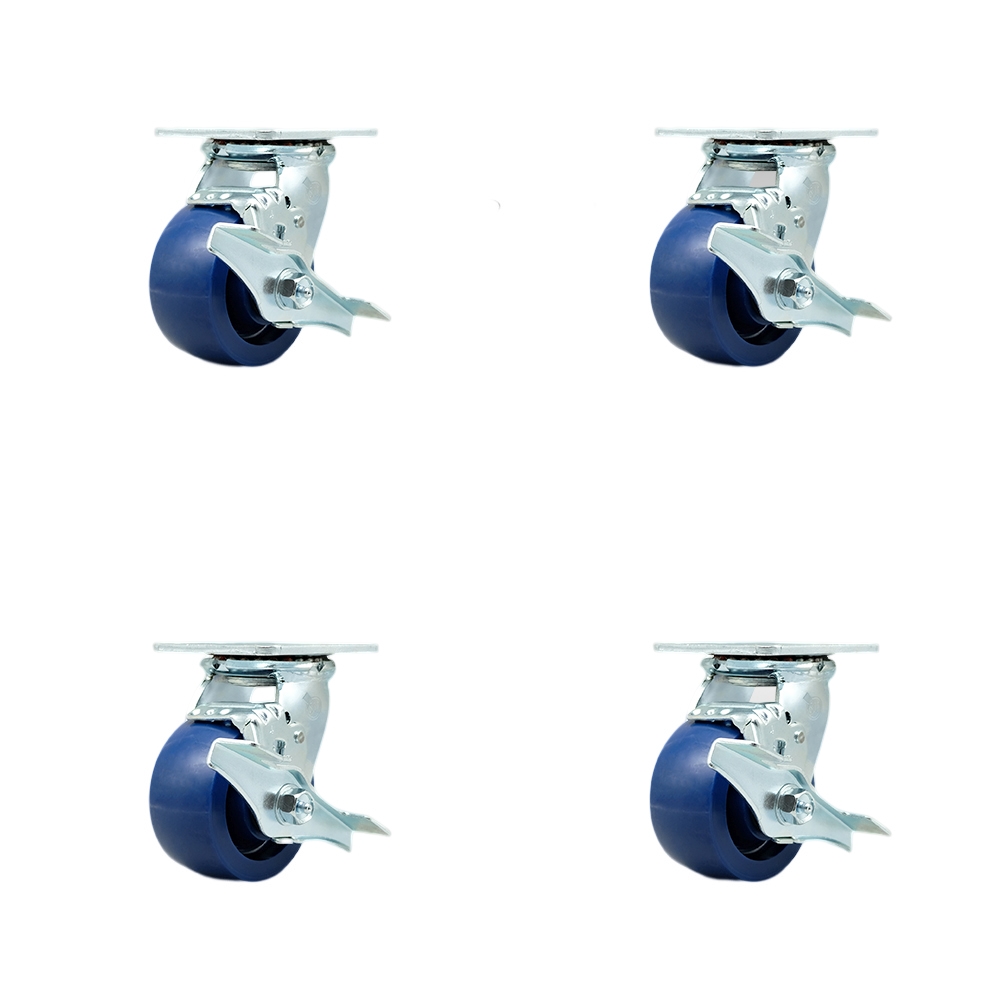 SCC-SS30S420-SPUR-TLB-BSL-2-TLB-2 Stainless Steel Solid Polyurethane Swivel Top Plate Casters, Heavy Duty with 4 in. Wheels - Set of 4