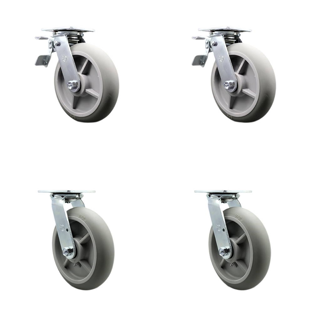 Thermoplastic Rubber Donut Tread Swivel Top Plate Casters, Heavy Duty with 8 in. Wheels - 2400 lbs Total Capacity - Set of 4