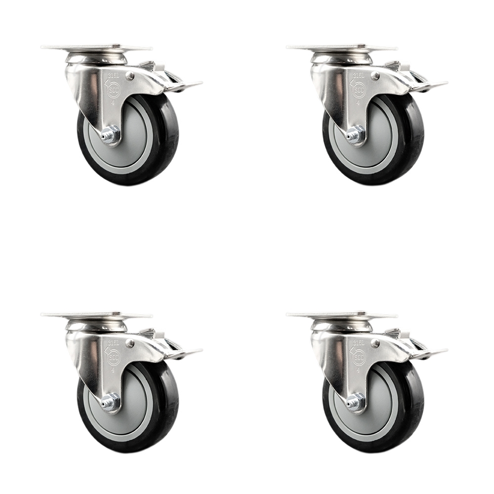 SCC-SS316TTL20S414-PPUB-BLK-4 Polyurethane Swivel Top Plate Caster with 4 in. 316 Stainless Steel Black Wheels - Set of 4