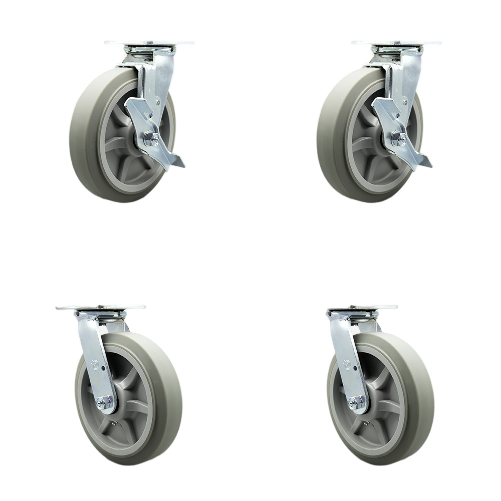SCC-SS30S820-TPRRF-TLB-BSL-2-BSL-2 Stainless Steel Thermoplastic Rubber Flat Tread Swivel Top Plate Caster Set Heavy Duty with 8 in. Wheel