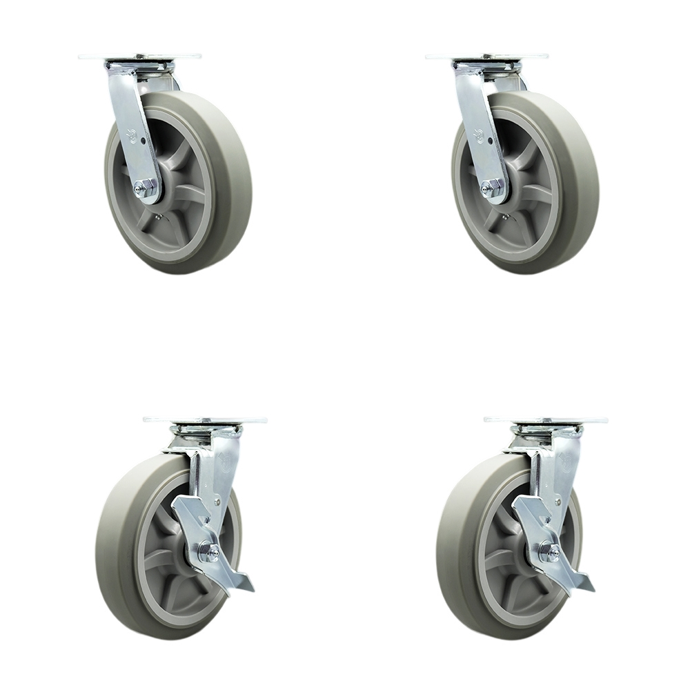 Stainless Steel Thermoplastic Rubber Flat Tread Swivel Top Plate Casters, Heavy Duty with 8 in. Wheels - 2400 lbs Total Capacity - Set of 4