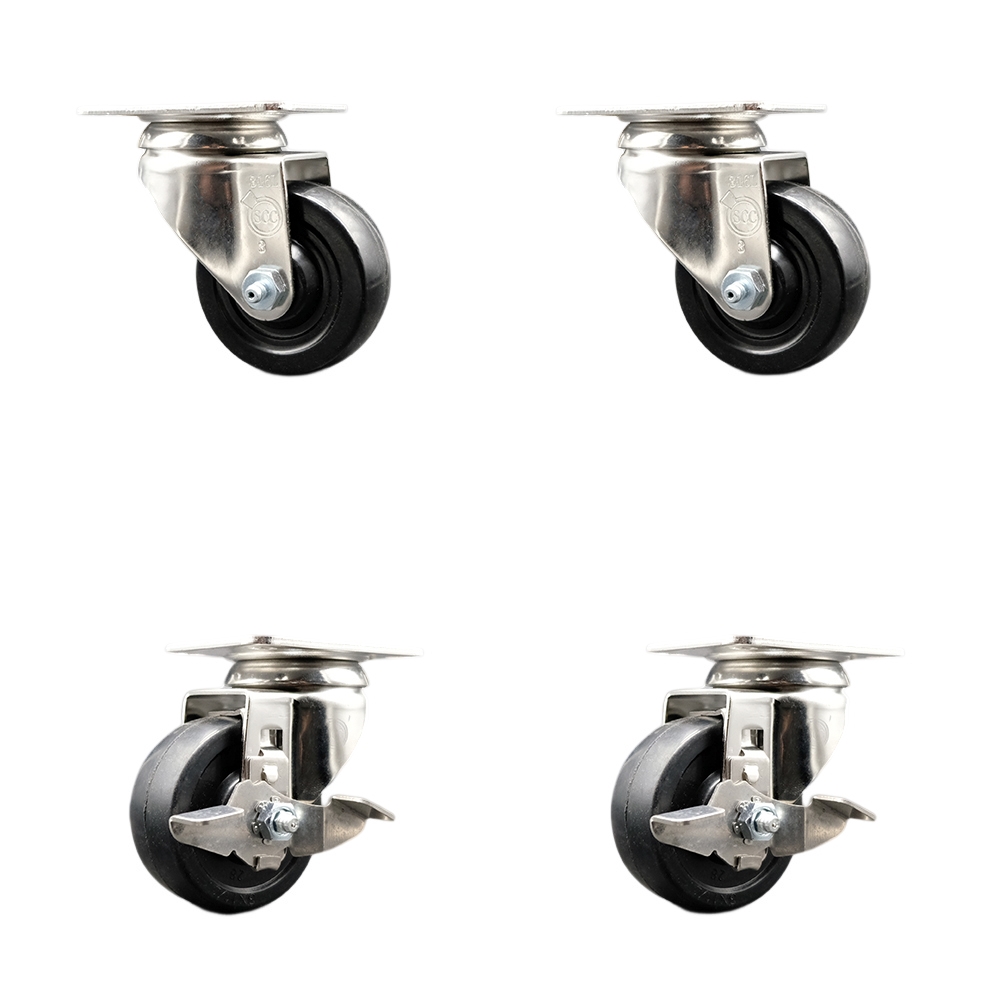 SCC-SS31620S314-HRS-2-TLB-2 Hard Rubber Swivel Top Plate Caster with 3 in. Black Caster Wheels - 316 Stainless Steel Casters - Set of 4