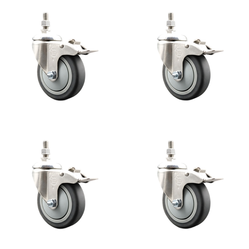 Thermoplastic Rubber Swivel Stem Caster with 4 in. Caster Wheels - 0.50 in. Threaded Stems - 316 Stainless Steel Casters - Set of 4