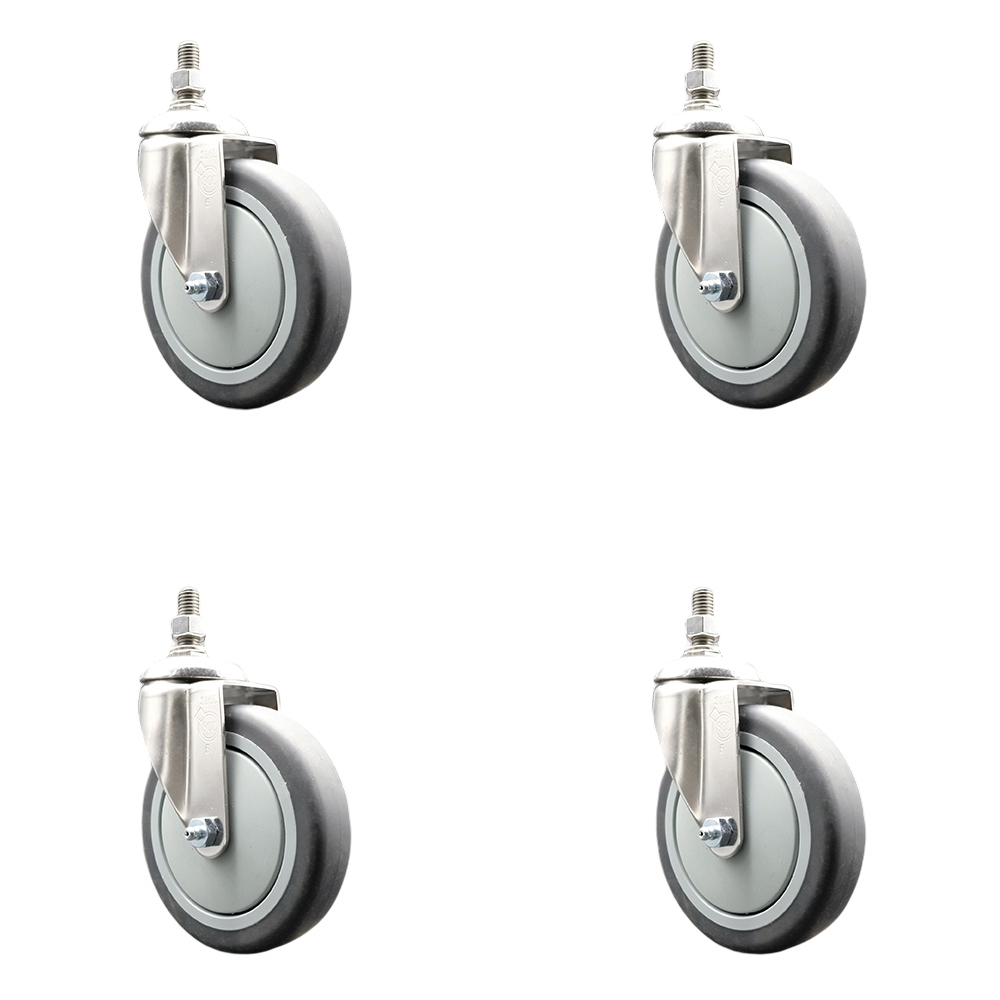 Thermoplastic Rubber Swivel Stem Caster with 5 in. Caster Wheels - 0.37 in. Threaded Stems - 316 Stainless Steel Casters - Set of 4