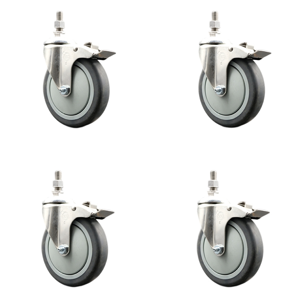 Thermoplastic Rubber Swivel Stem Caster with 5 in. Caster Wheels - 0.37 in. Threaded Stems - 316 Stainless Steel Casters - Set of 4