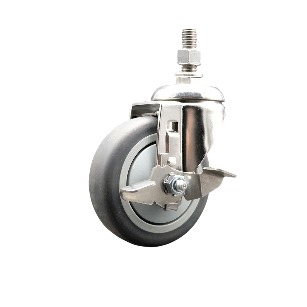 Thermoplastic Rubber Swivel Stem Caster with 4 in. Gray Caster Wheel & Top Lock Brake - 10 mm Metric Threaded Stem - 316 Stainless Steel Caster