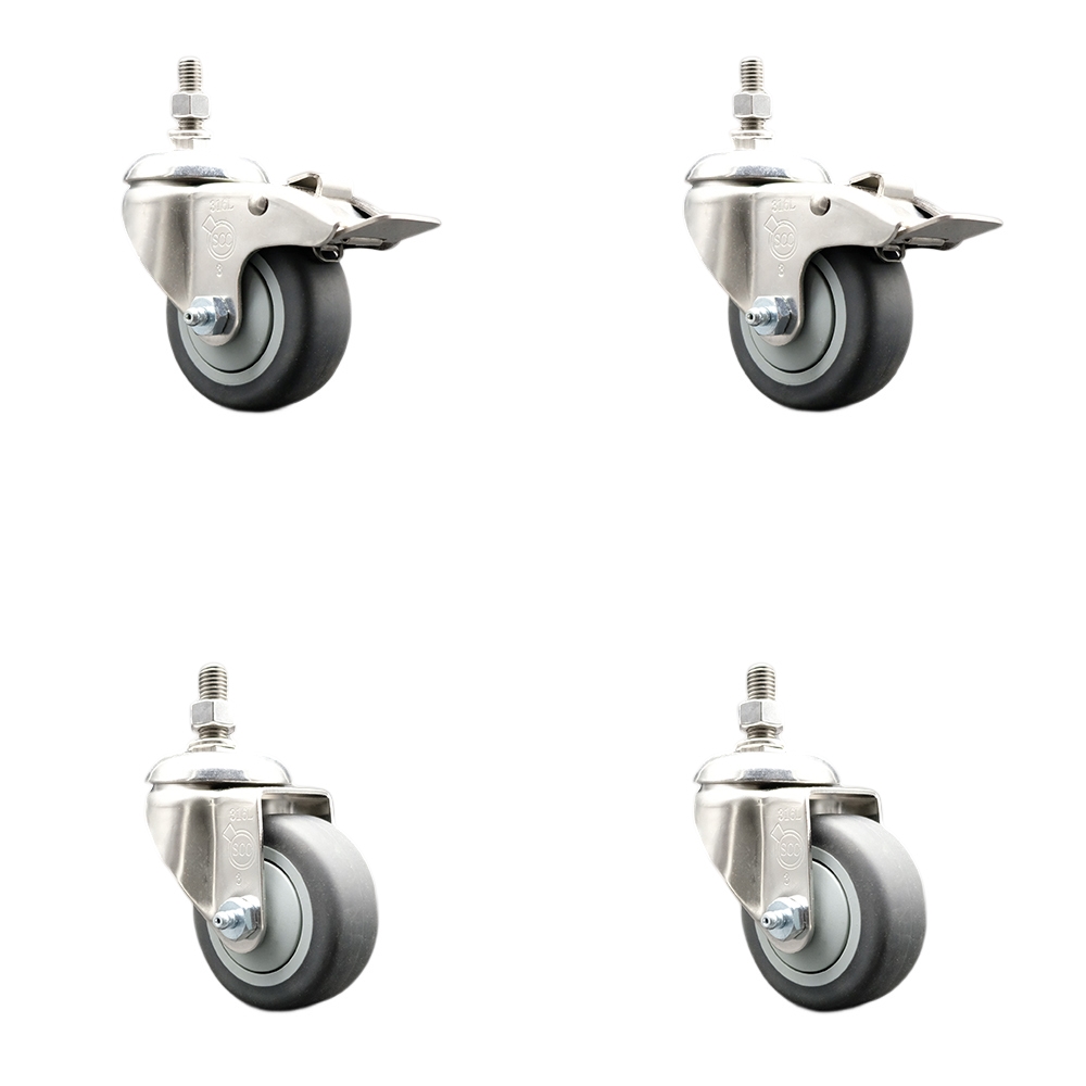 Thermoplastic Rubber Swivel Stem Caster with 3 in. Caster Wheels - 12 mm Threaded Stem - 316 Stainless Steel Caster - Set of 4
