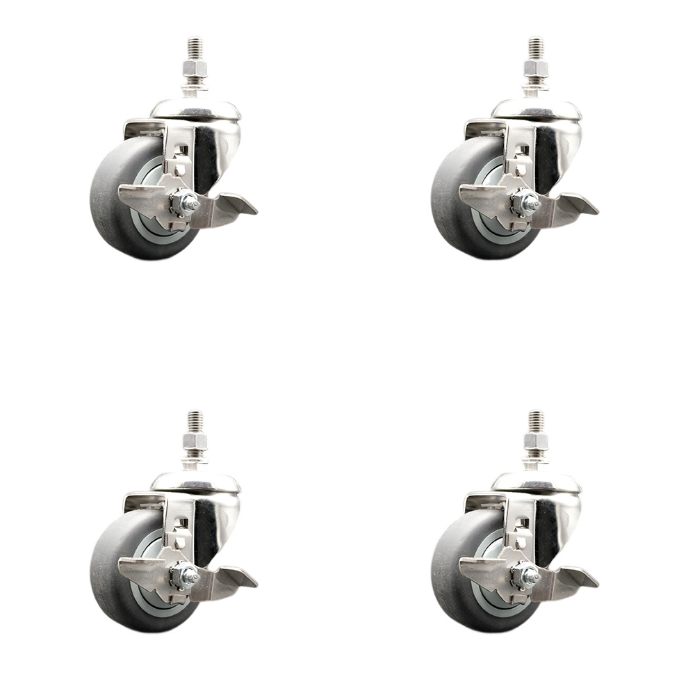 Thermoplastic Rubber Swivel Stem Caster with 3.5 in. Caster Wheels - 12 mm Metric Threaded Stems - 316 Stainless Steel Casters - Set of 4