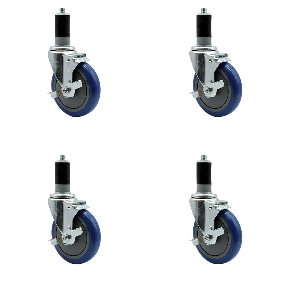 Regency Work Table & Equipment Stand Replacement Locking Caster Set - 5 in. Blue Polyurethane Wheel - 4 Swivel Casters - Set of 4