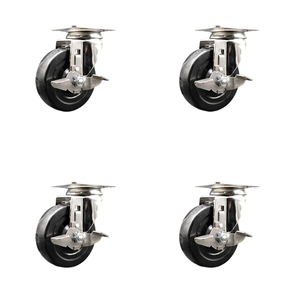 SCC-SS31620S414-HRS-TLB-4 Hard Rubber Swivel Top Plate Caster with 4 in. Black Caster Wheels - 316 Stainless Steel Casters - Set of 4
