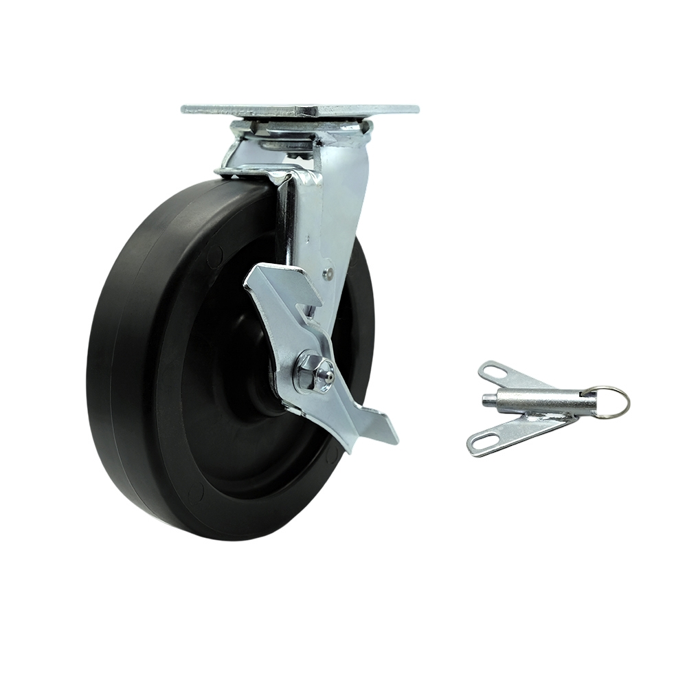 Stainless Steel Polyolefin Swivel Top Plate Heavy Duty Caster with 8 in. Wheel & Top Lock Brake & Bolt on Swivel Lock - 900 lbs Capacity per Caster