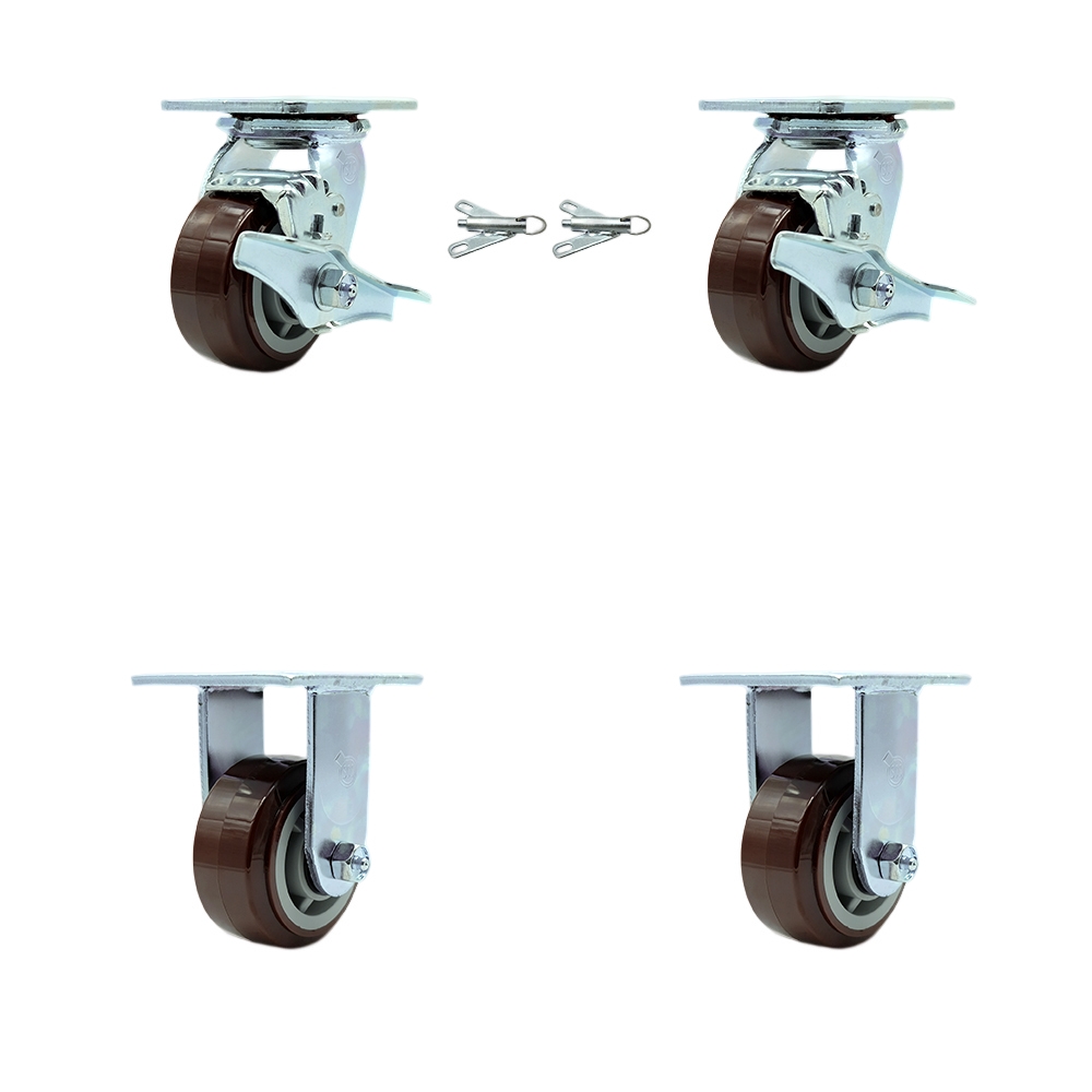 SCC-30CS420-PPUR-TLB-BSL-2-R-2 Polyurethane Swivel Top Plate Casters, Heavy Duty with 4 in. Wheels - 2400 lbs Total Capacity - Set of 4