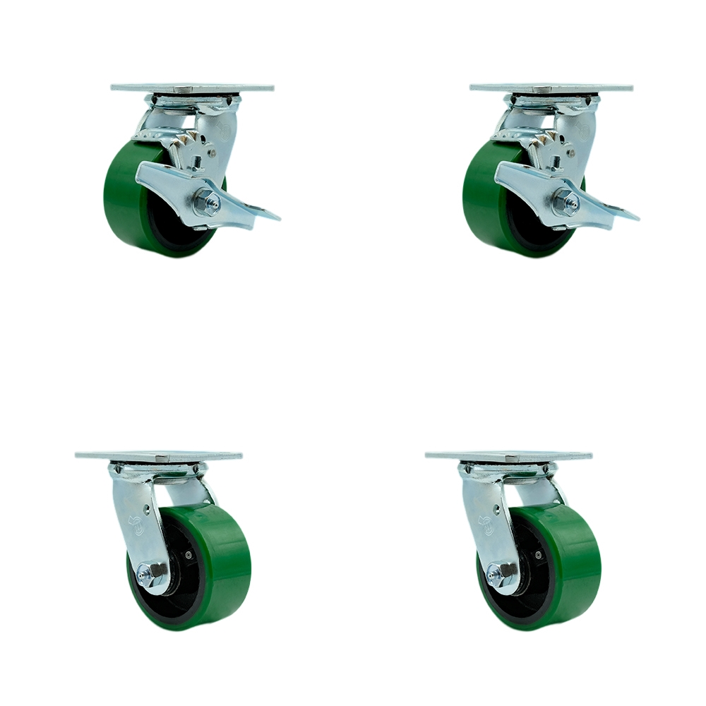 SCC-30CS420-PUR-GB-TLB-BSL-2-BSL-2 Poly on Cast Iron Swivel Top Plate Casters, Heavy Duty with 4 in. Green Wheels - Set of 4