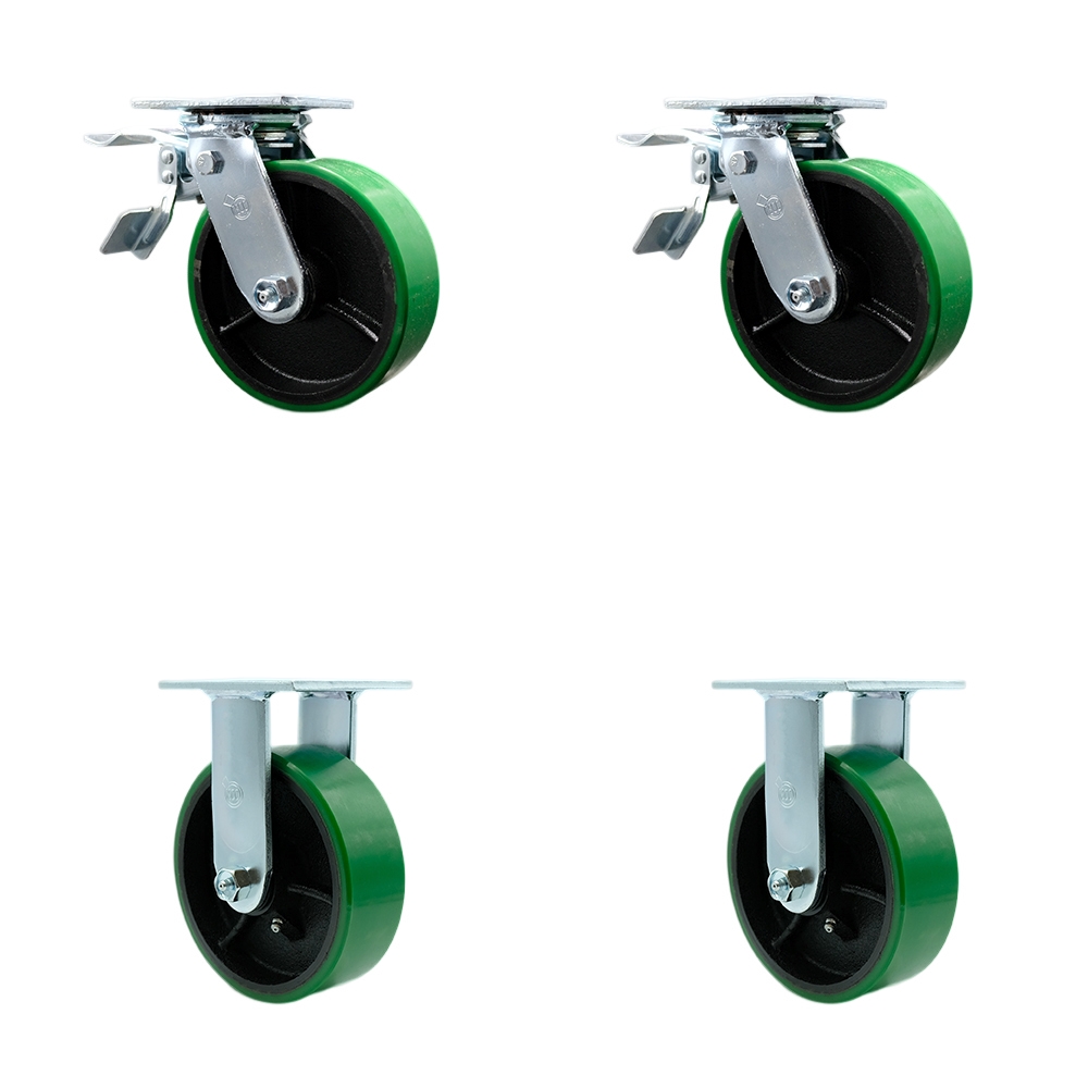 Polyurethane on Cast Iron Swivel Top Plate Casters, Heavy Duty with 6 in. Green Wheels - 4800 lbs Total Capacity - Set of 4