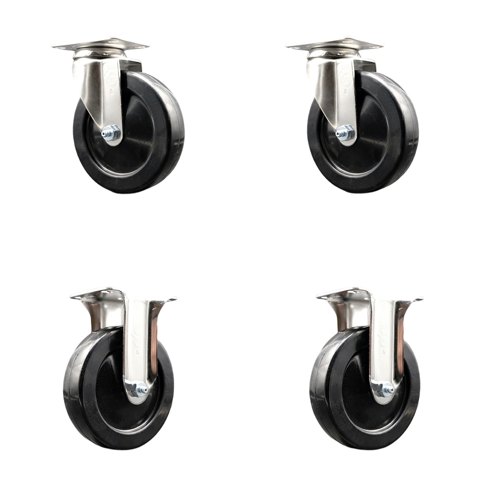 SCC-SS31620S514-HRS-2-R-2 Hard Rubber Swivel Top Plate Caster with 5 in. Black Caster Wheels - 316 Stainless Steel Casters - Set of 4