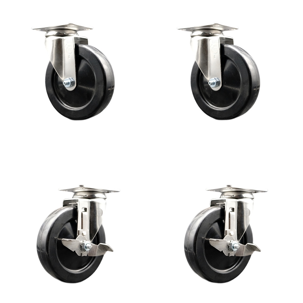 SCC-SS31620S514-HRS-2-TLB-2 Hard Rubber Swivel Top Plate Caster with 5 in. Black Caster Wheels - 316 Stainless Steel Casters - Set of 4