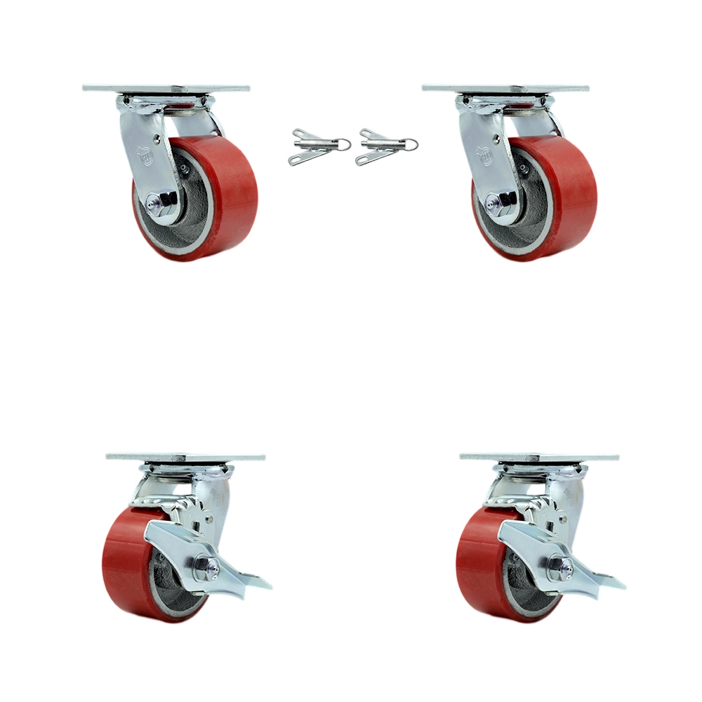 SCC-30CS420-PUR-RS-BSL-2-TLB-2 Polyurethane on Cast Iron Swivel Top Plate Casters, Heavy Duty with 4 in. Red Wheels - Set of 4