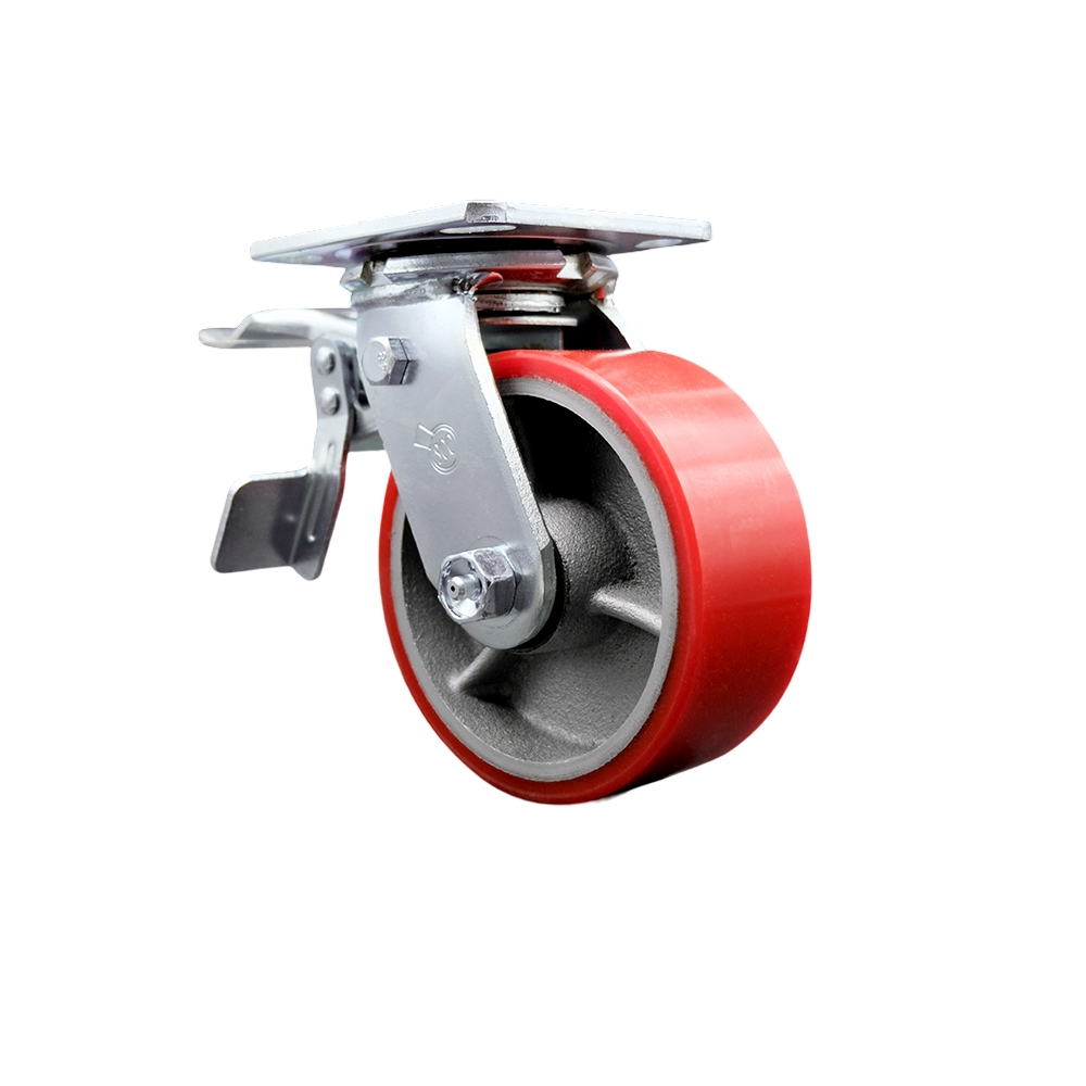 Polyurethane on Cast Iron Swivel Top Plate Heavy Duty Caster with 5 in. Red Wheel & Total Lock Brake - 1000 lbs Capacity per Caster