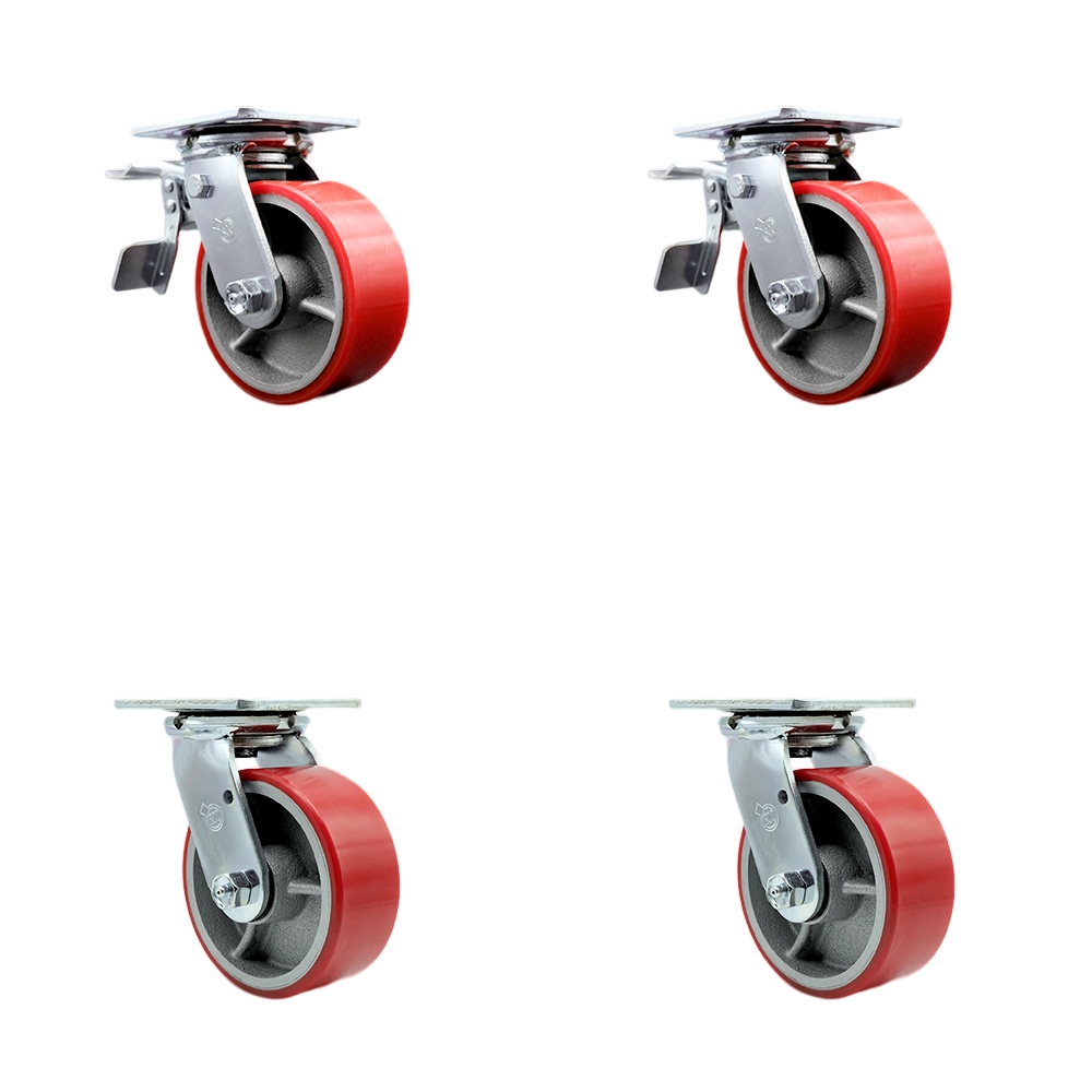 Polyurethane on Cast Iron Swivel Top Plate Casters, Heavy Duty with 5 in. Red Wheels - 4000 lbs Total Capacity - Set of 4