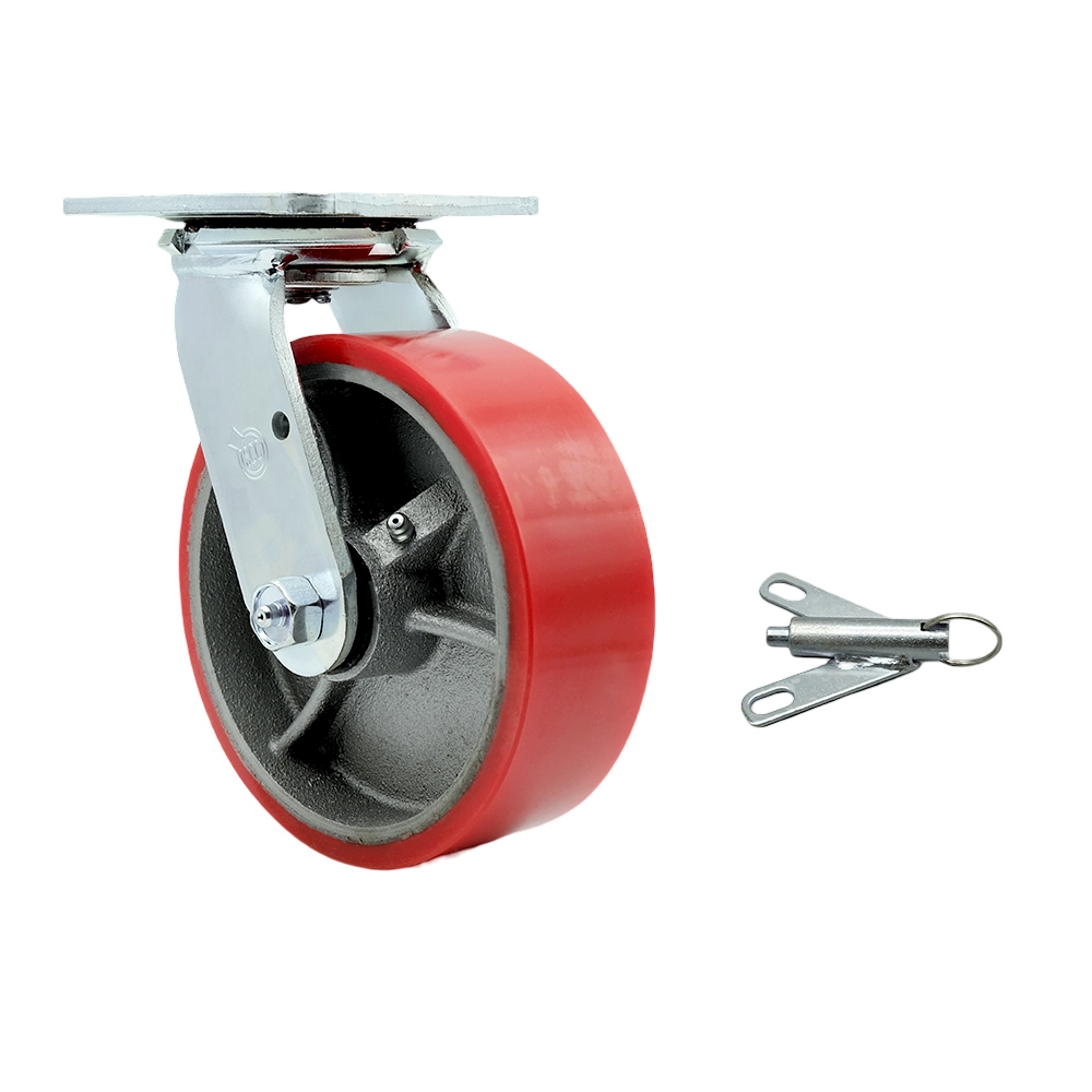 Polyurethane on Cast Iron Swivel Top Plate Heavy Duty Caster with 6 in. Red Wheel & Bolt on Swivel Lock - 1200 lbs Capacity per Caster
