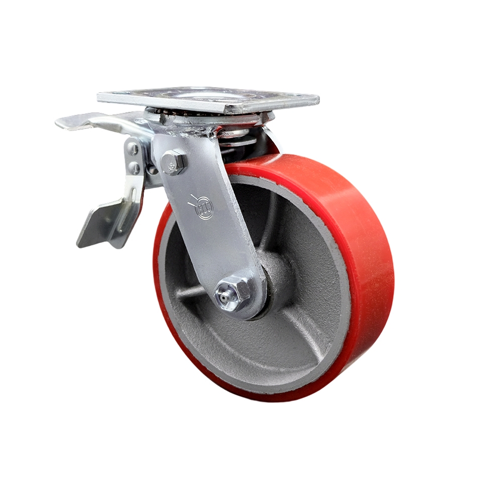 Polyurethane on Cast Iron Swivel Top Plate Heavy Duty Caster with 6 in. Red Wheel & Total Lock Brake - 1200 lbs Capacity per Caster