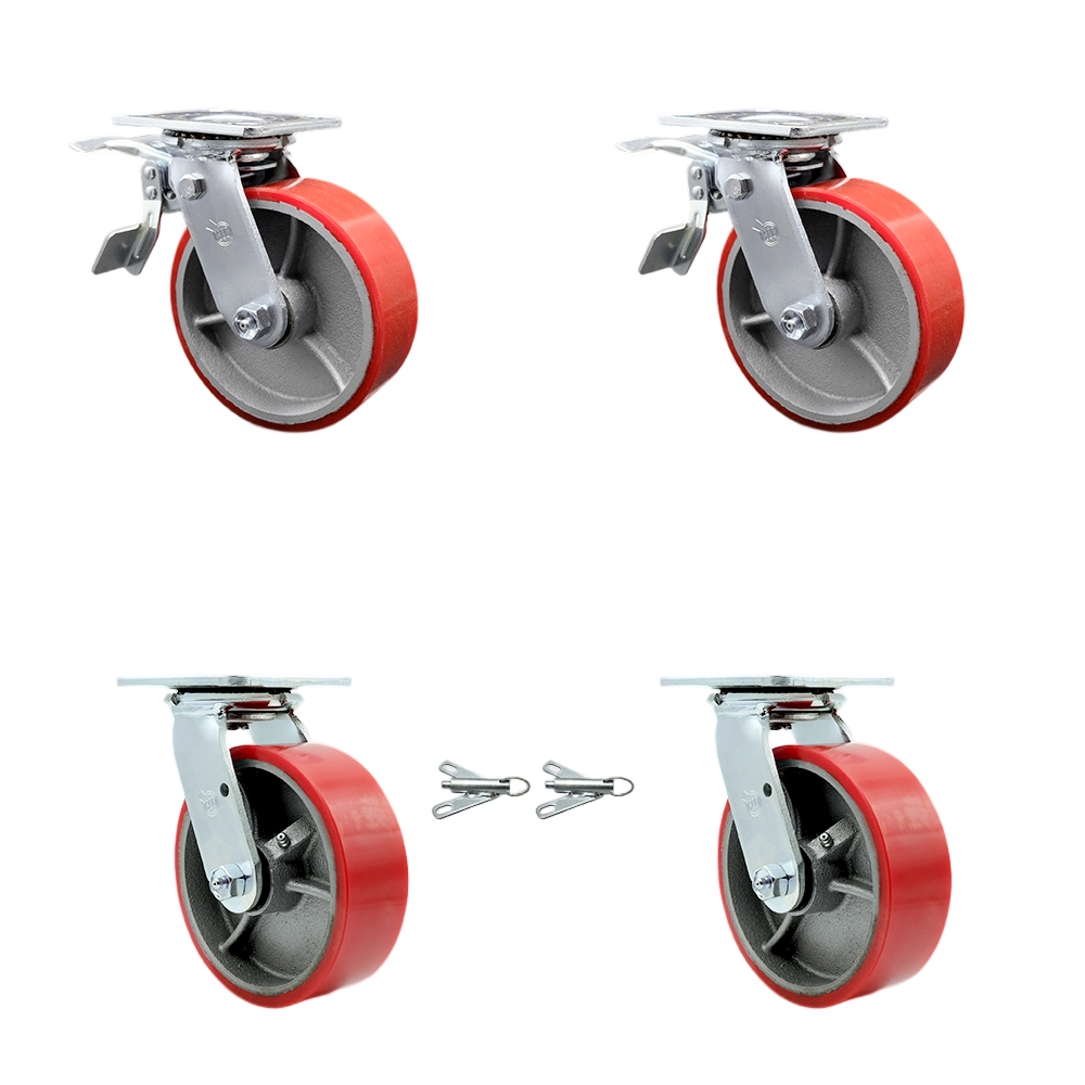 SCC-TTL30S620-PUR-RS-2-BSL-2 Polyurethane on Cast Iron Swivel Top Plate Casters, Heavy Duty with 6 in. Red Wheels - Set of 4