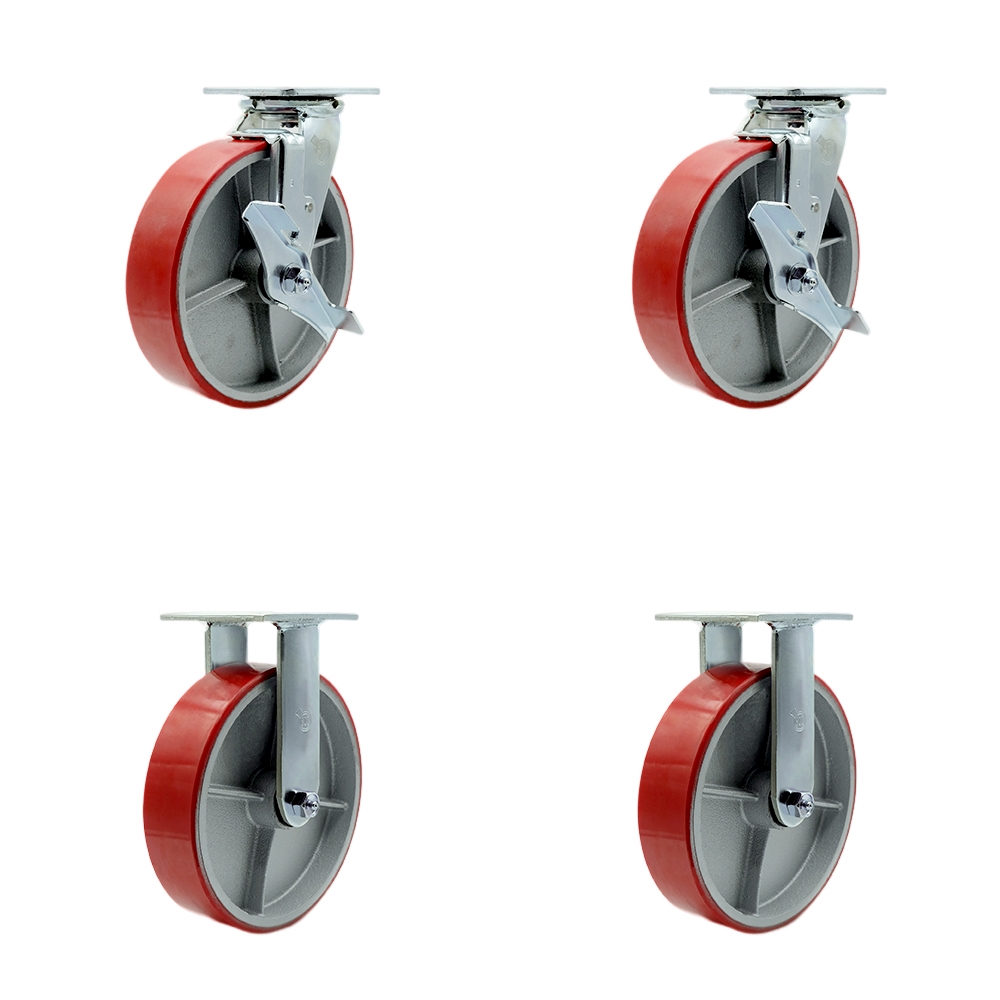 SCC-30CS820-PUR-RS-TLB-BSL-2-R-2 Polyurethane on Cast Iron Swivel Top Plate Casters, Heavy Duty with 8 in. Red Wheels - Set of 4