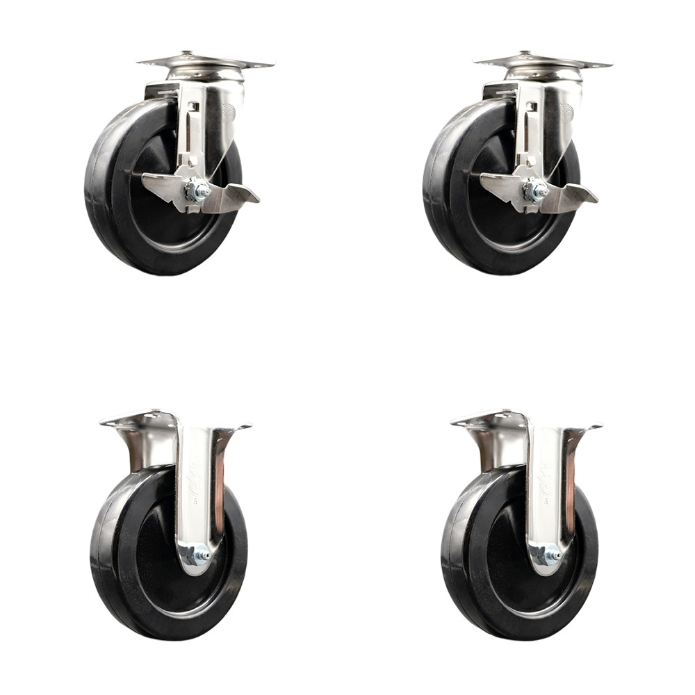 SCC-SS31620S514-HRS-TLB-2-R-2 Hard Rubber Swivel Top Plate Caster with 5 in. Black Caster Wheels - 316 Stainless Steel Casters - Set of 4