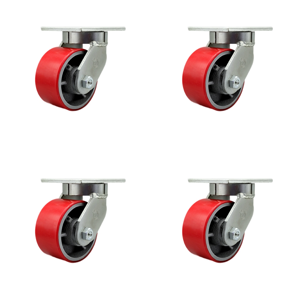 6 in. Swivel Top Plate Caster Set Extra Heavy Duty Casters with Red Polyurethane on Cast Iron Wheels - 8000 lbs Total Capacity - Set of 4