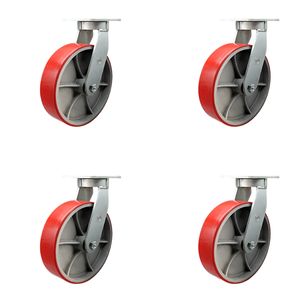 10 in. Swivel Top Plate Caster Set Extra Heavy Duty Casters with Red Polyurethane on Cast Iron Wheels - 2000 lbs Total Capacity - Set of 4