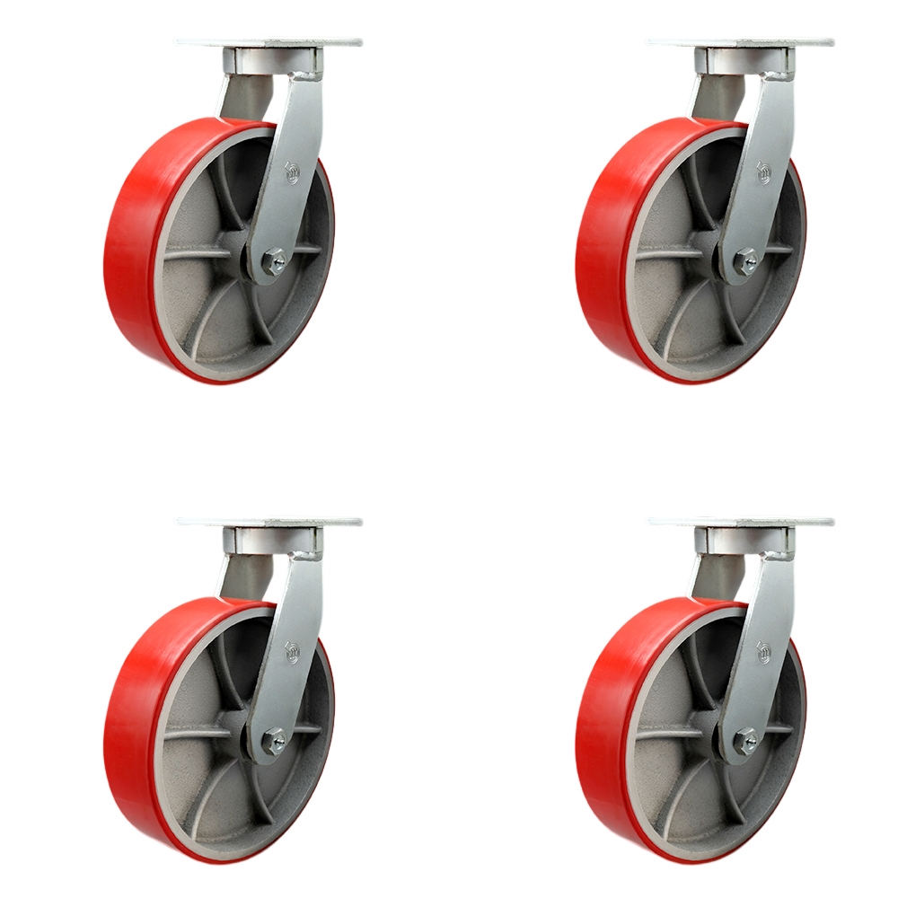 12 in. Swivel Top Plate Caster Set Extra Heavy Duty Casters with Red Polyurethane on Cast Iron Wheels - 14000 lbs Total Capacity - Set of 4